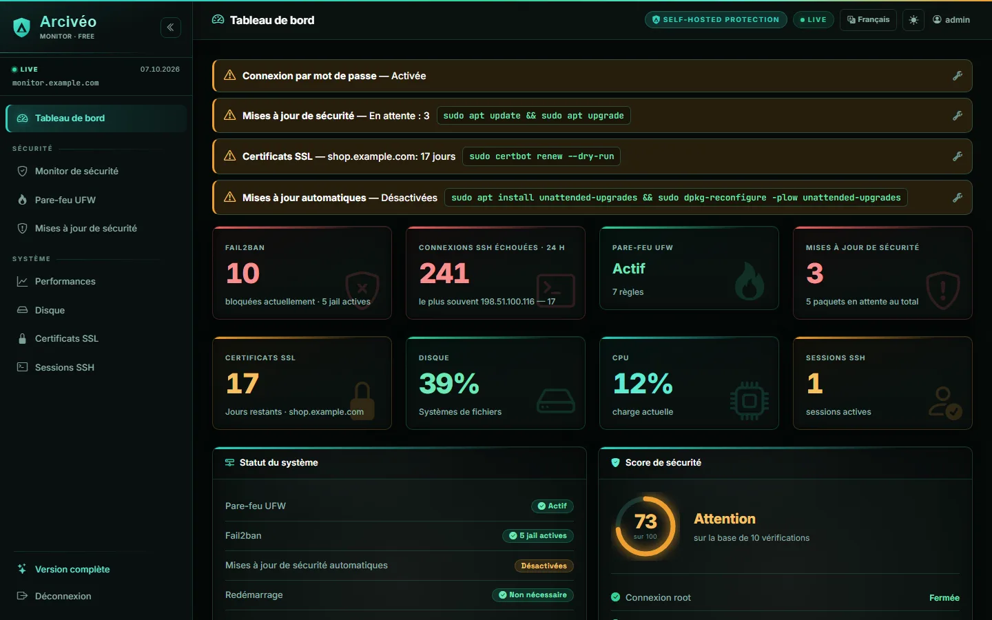 Arcivéo FREE — Tableau de bord